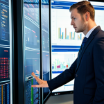 A professional fire safety engineer, fully clothed in a modest business suit, intently reviewing real-time predictive analytics on a large monitor in a high-tech data center control room. The screen displays intricate sensor data visualizations and algorithms, indicating proactive risk assessment. The engineer maintains a professional, focused expression and natural pose. High-quality, professional photography, perfect anatomy, correct proportions, well-formed hands, proper finger count, natural body proportions, safe for work, appropriate content, appropriate attire, family-friendly.
