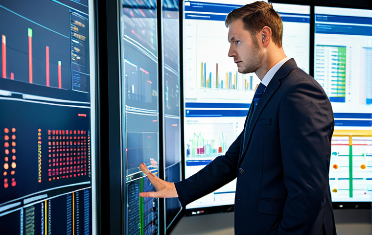 A professional fire safety engineer, fully clothed in a modest business suit, intently reviewing real-time predictive analytics on a large monitor in a high-tech data center control room. The screen displays intricate sensor data visualizations and algorithms, indicating proactive risk assessment. The engineer maintains a professional, focused expression and natural pose. High-quality, professional photography, perfect anatomy, correct proportions, well-formed hands, proper finger count, natural body proportions, safe for work, appropriate content, appropriate attire, family-friendly.