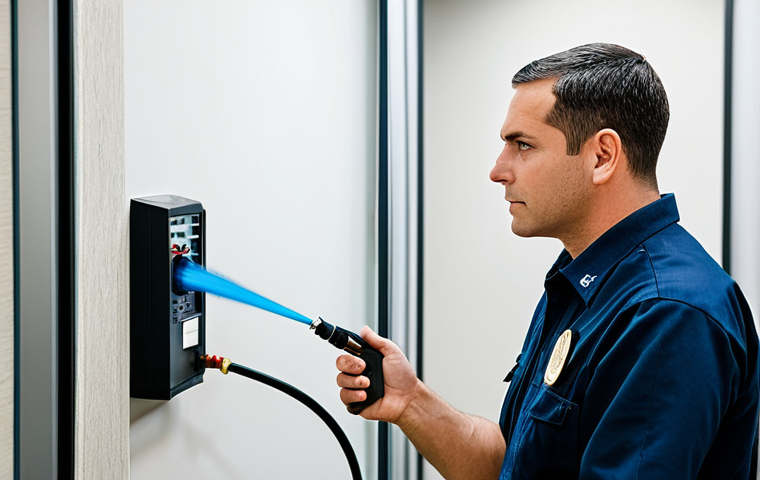 **
"A Fire Safety Management Technician, fully clothed in professional attire, inspecting a modern office building's sprinkler system. Visible are well-formed hands checking the system's pressure gauge. Background includes office cubicles and natural lighting. Safe for work, appropriate content, perfect anatomy, correct proportions, professional, modest, family-friendly, high quality."
**