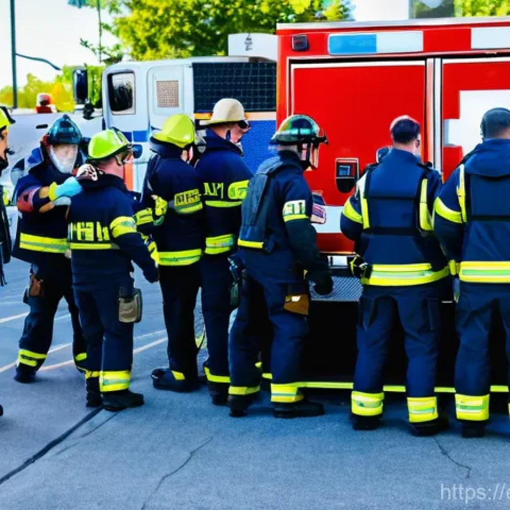화재안전관리 직무에서 필요한 협력 기술 - A dynamic wide-angle shot of a multi-agency emergency response drill taking place in an urban enviro...