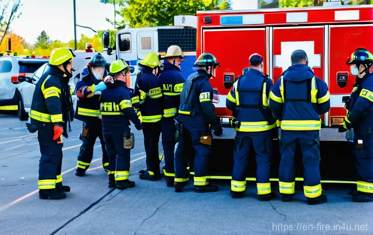 화재안전관리 직무에서 필요한 협력 기술 - A dynamic wide-angle shot of a multi-agency emergency response drill taking place in an urban enviro...