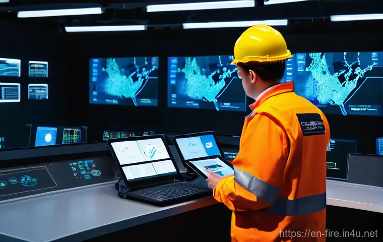 화재안전관리 직무에서의 성공 사례 분석 - **Prompt:** A futuristic, dimly lit control room with large, interactive holographic displays showca...