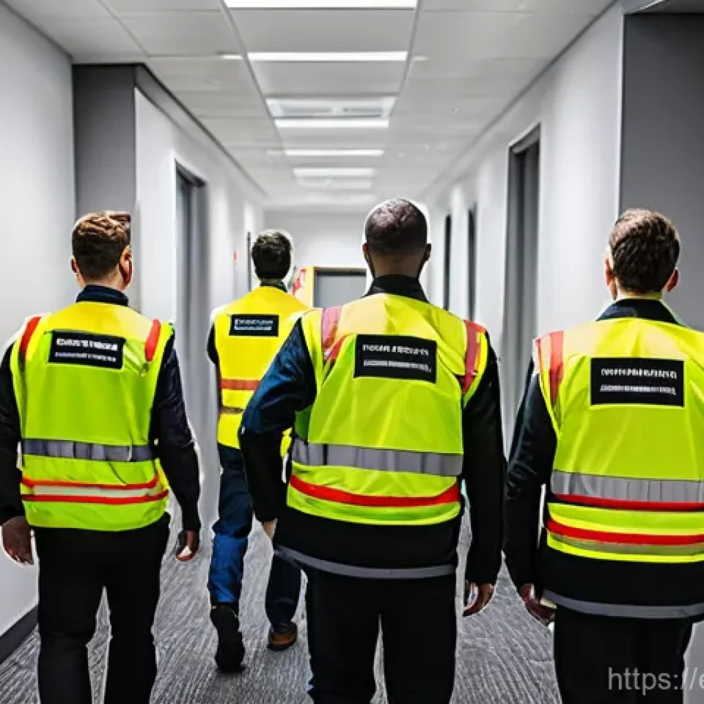 화재안전관리 실무에서의 문제 해결 역량 - **Prompt:** A diverse group of fully clothed adults, appearing calm yet urgent, navigating a modern ...