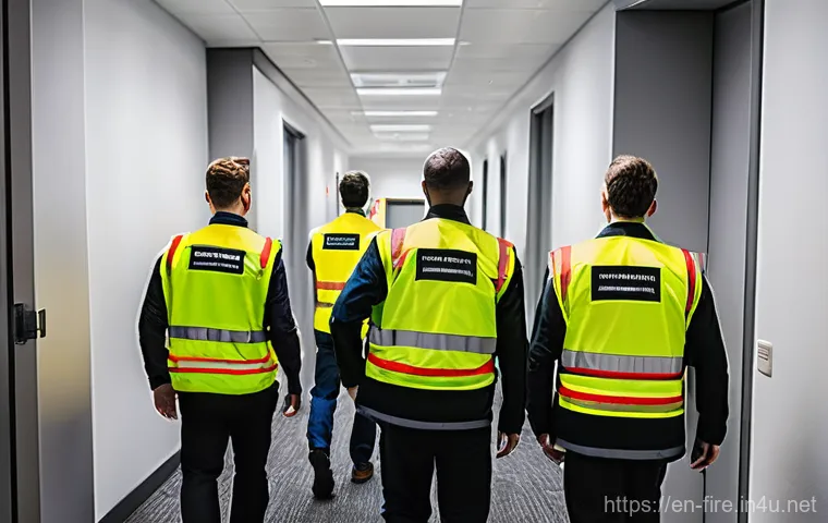 화재안전관리 실무에서의 문제 해결 역량 - **Prompt:** A diverse group of fully clothed adults, appearing calm yet urgent, navigating a modern ...