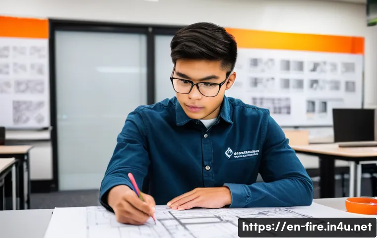 화재안전관리기술자 초보자를 위한 가이드 - **Prompt:** A diverse group of professional fire protection engineering students, aged 20-25, in a m...