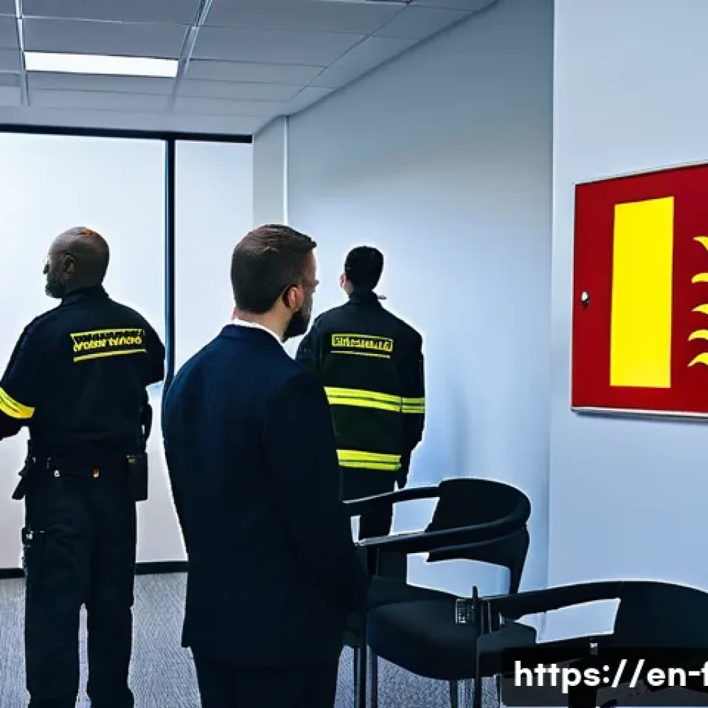 화재안전관리 실무와 관련된 주요 법령 요약 - A detailed interior scene of a modern office building fire safety training session in progress. The ...