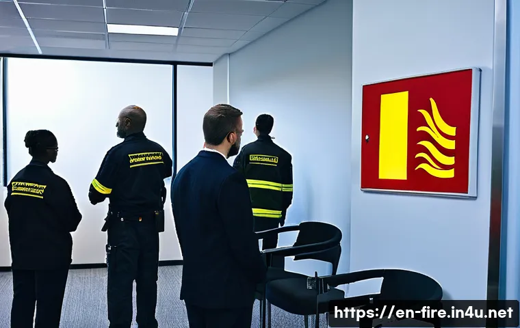 화재안전관리 실무와 관련된 주요 법령 요약 - A detailed interior scene of a modern office building fire safety training session in progress. The ...