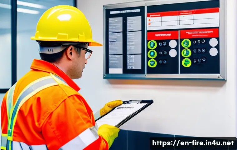 화재안전관리 기술자의 자격증 취득 후 경력 개발 - A professional fire safety manager conducting a detailed site inspection inside a modern commercial ...