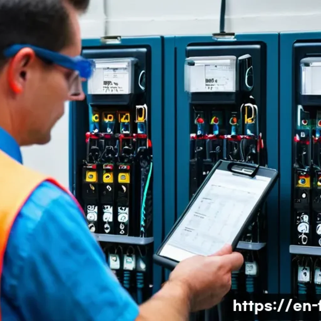 화재안전관리 업무에서 발생한 에피소드 공유 - A detailed scene of a professional fire safety inspector conducting a routine electrical panel inspe...