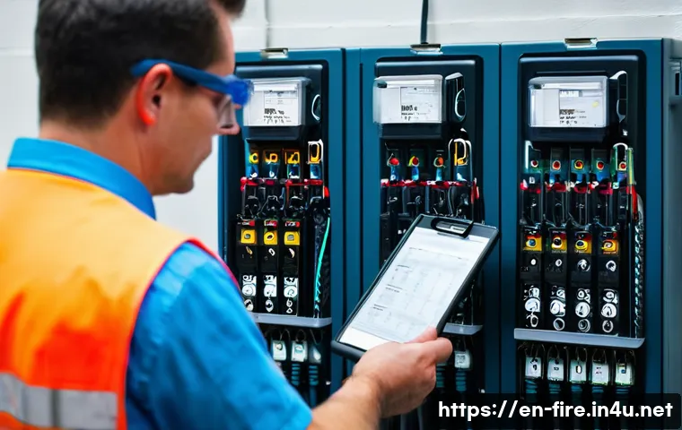 화재안전관리 업무에서 발생한 에피소드 공유 - A detailed scene of a professional fire safety inspector conducting a routine electrical panel inspe...