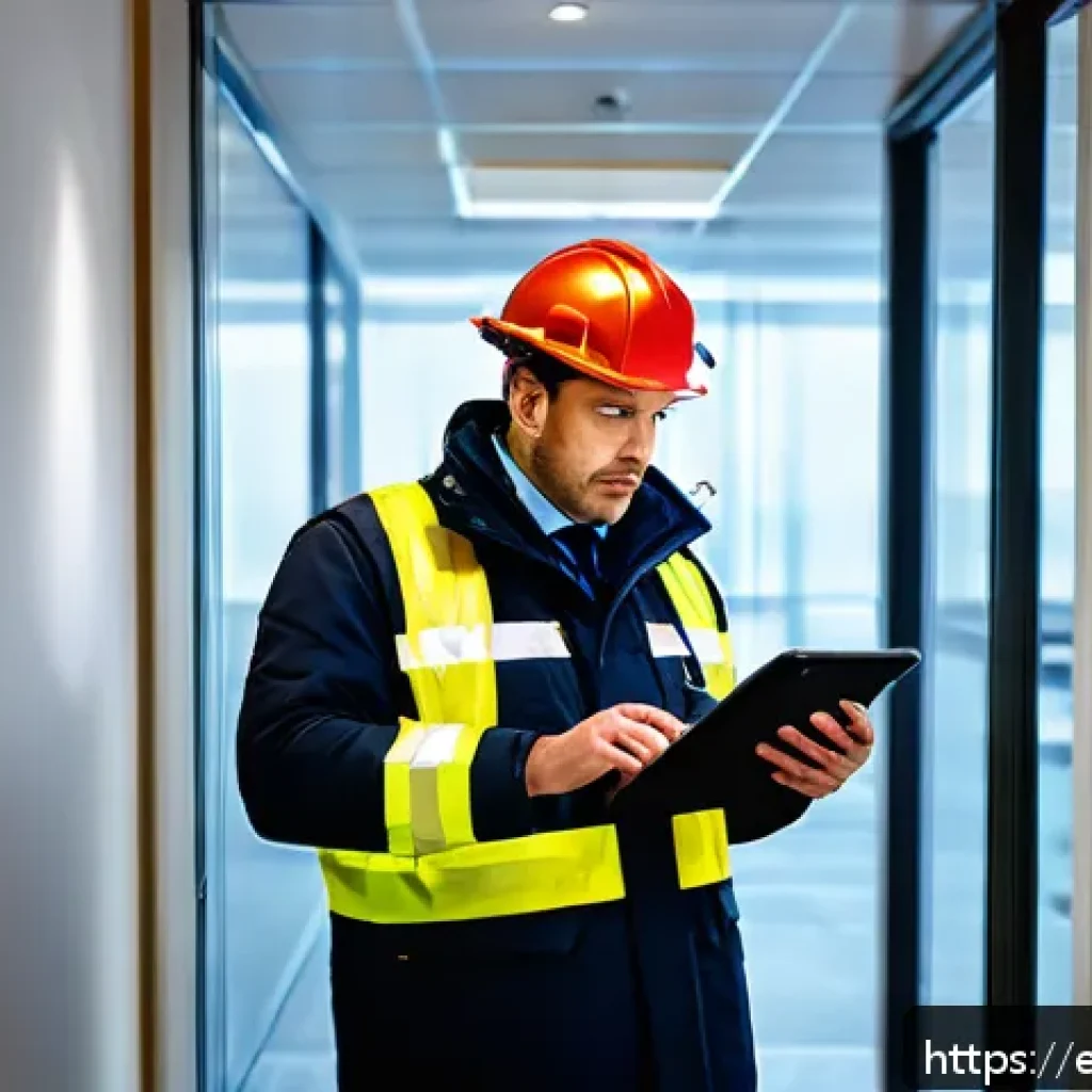 화재안전관리 자격증의 법적 효력 - A professional fire safety officer in a modern corporate office environment, wearing a high-visibili...
