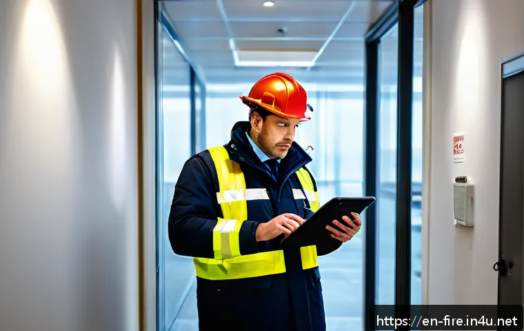 화재안전관리 자격증의 법적 효력 - A professional fire safety officer in a modern corporate office environment, wearing a high-visibili...