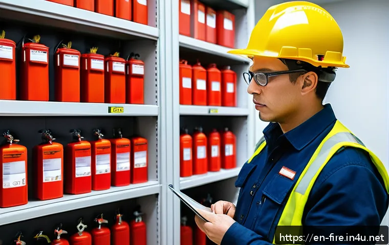화재안전관리 실무에서의 문제 해결 전략 - A modern commercial office interior showing a detailed fire risk assessment in progress: a safety in...