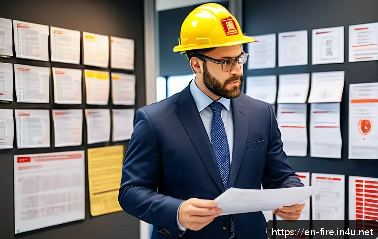 화재안전관리기술자의 연봉 대비 자격증 효용성 - A professional fire safety engineer wearing a crisp business suit with a visible certification badge...