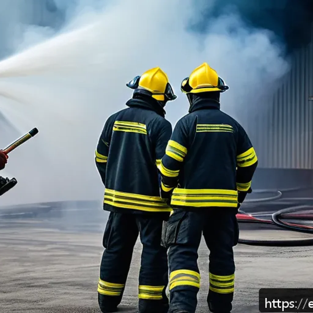 화재안전관리 실무 현장 스토리 공유 - A dynamic firefighting scene showing a diverse team of firefighters in full protective gear with lig...
