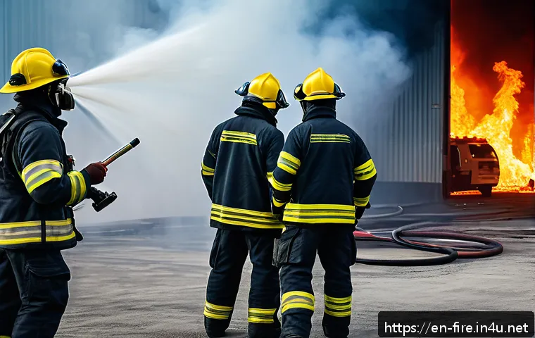 화재안전관리 실무 현장 스토리 공유 - A dynamic firefighting scene showing a diverse team of firefighters in full protective gear with lig...