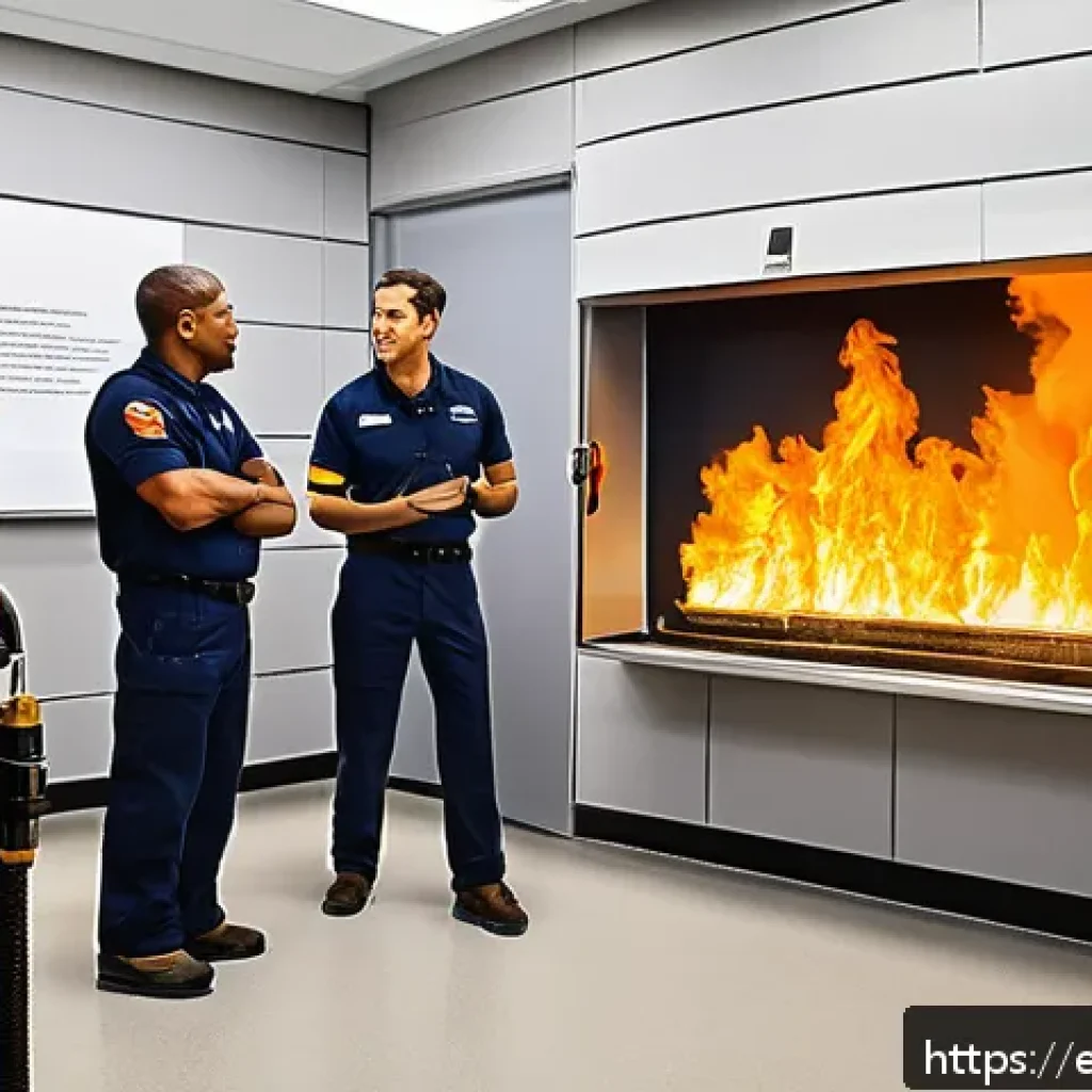 화재안전관리기술자의 자격증 시험 준비 전략 - A detailed, realistic scene inside a modern fire safety training facility showing a diverse group of...