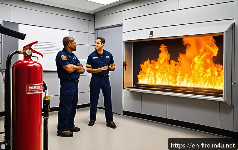 화재안전관리기술자의 자격증 시험 준비 전략 - A detailed, realistic scene inside a modern fire safety training facility showing a diverse group of...