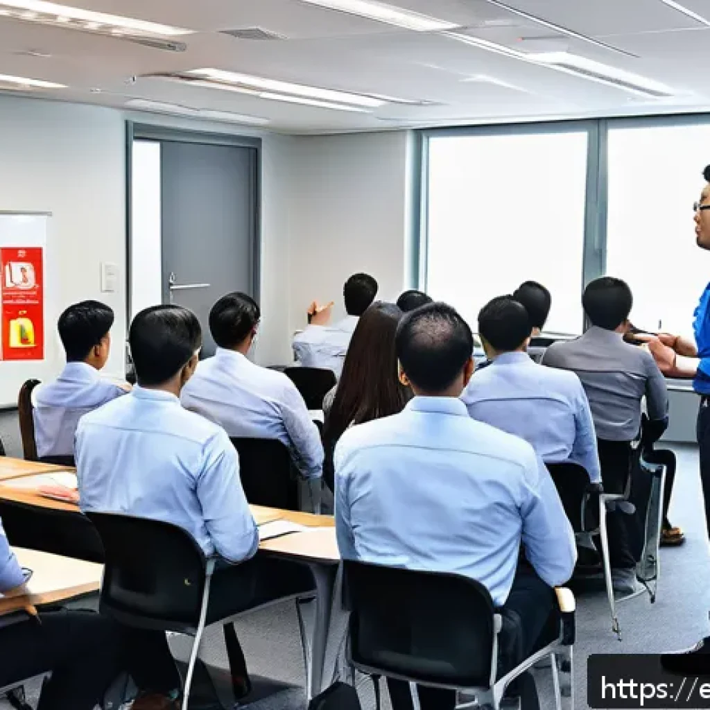 화재안전관리 직무에서의 책임과 의무 - A modern office fire safety training session in progress, featuring diverse employees attentively le...