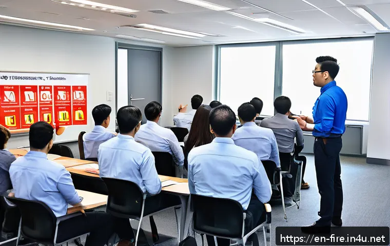 화재안전관리 직무에서의 책임과 의무 - A modern office fire safety training session in progress, featuring diverse employees attentively le...