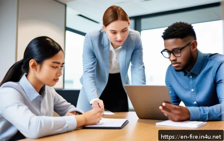 화재안전관리기술자 시험 대비 스터디 운영법 - A diverse group of four young adults gathered around a modern conference table in a bright study roo...
