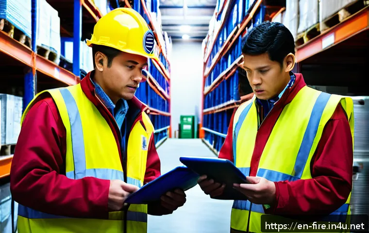 화재안전관리 업무 사례 모음 - A modern commercial facility fire safety team conducting a comprehensive hazard identification surve...