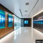 화재안전관리 분야의 주요 학회 및 포럼 정보 - A modern commercial building lobby equipped with sleek, wall-mounted smart fire sensors and IoT devi...