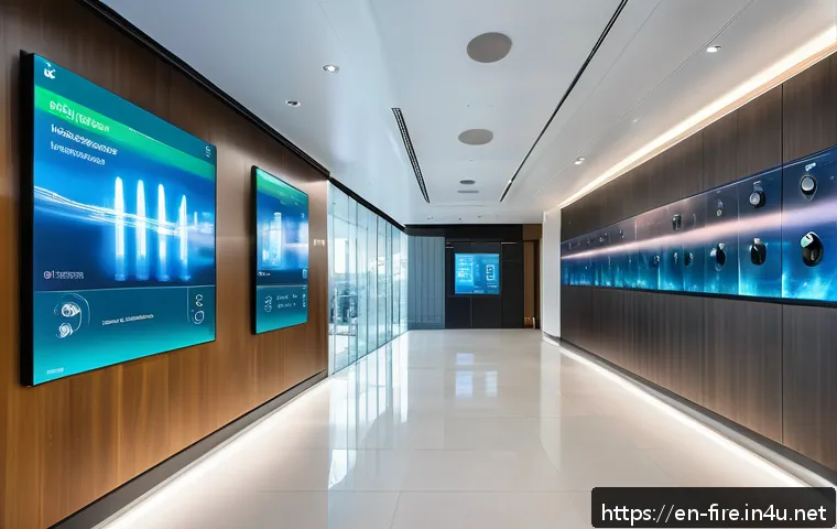 화재안전관리 분야의 주요 학회 및 포럼 정보 - A modern commercial building lobby equipped with sleek, wall-mounted smart fire sensors and IoT devi...