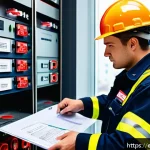 화재안전관리기술자의 자격증 취득 경험담 - A professional fire safety technician wearing a full uniform with a badge and safety helmet, attenti...