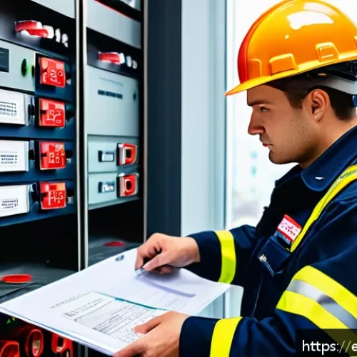 화재안전관리기술자의 자격증 취득 경험담 - A professional fire safety technician wearing a full uniform with a badge and safety helmet, attenti...