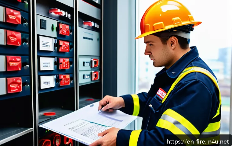 화재안전관리기술자의 자격증 취득 경험담 - A professional fire safety technician wearing a full uniform with a badge and safety helmet, attenti...