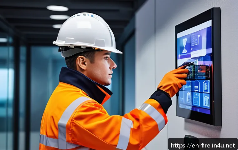 화재안전관리기술자 시험 관련 최신 공지사항 - A modern fire safety technician wearing professional work attire and safety gear, including protecti...