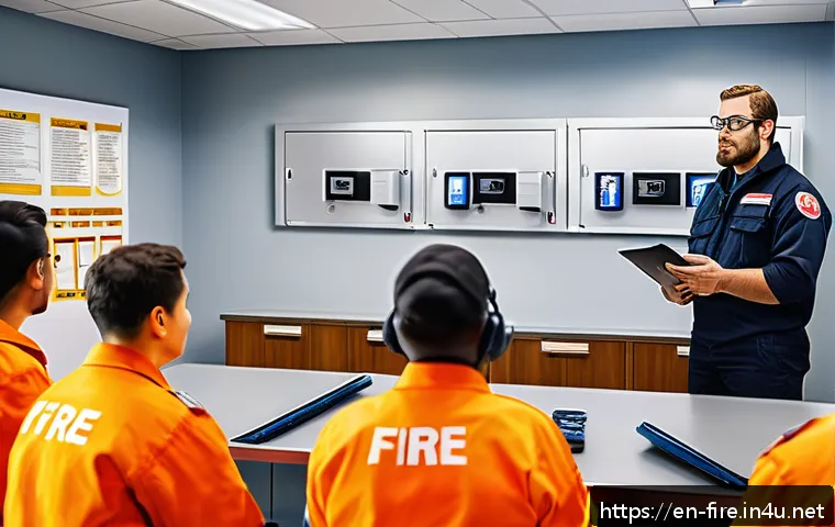 화재안전관리 신입 기술자의 첫 직장 선택 팁 - A modern fire safety training classroom scene with diverse young fire safety technicians wearing com...