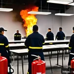 화재안전관리기술자 연수 프로그램 정보 - A detailed scene of a modern fire safety technician training classroom, featuring diverse adult stud...