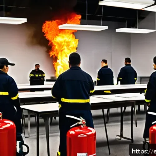 화재안전관리기술자 연수 프로그램 정보 - A detailed scene of a modern fire safety technician training classroom, featuring diverse adult stud...