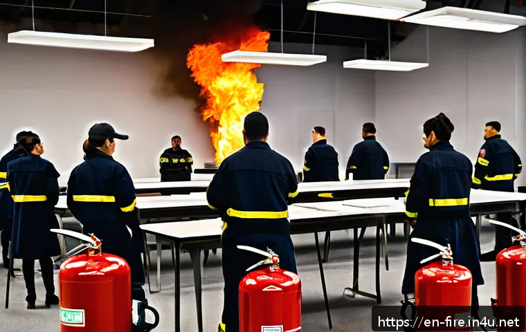 화재안전관리기술자 연수 프로그램 정보 - A detailed scene of a modern fire safety technician training classroom, featuring diverse adult stud...