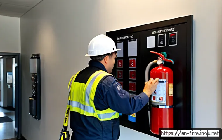화재안전관리 실무에서의 법적 요구사항 - Photorealistic fire safety compliance inspection in a modern American office building, certified fir...